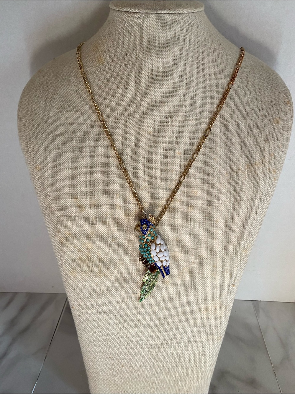 J. Crew Gold-Tone Parrot Necklace with Blue, Green, White Enamel